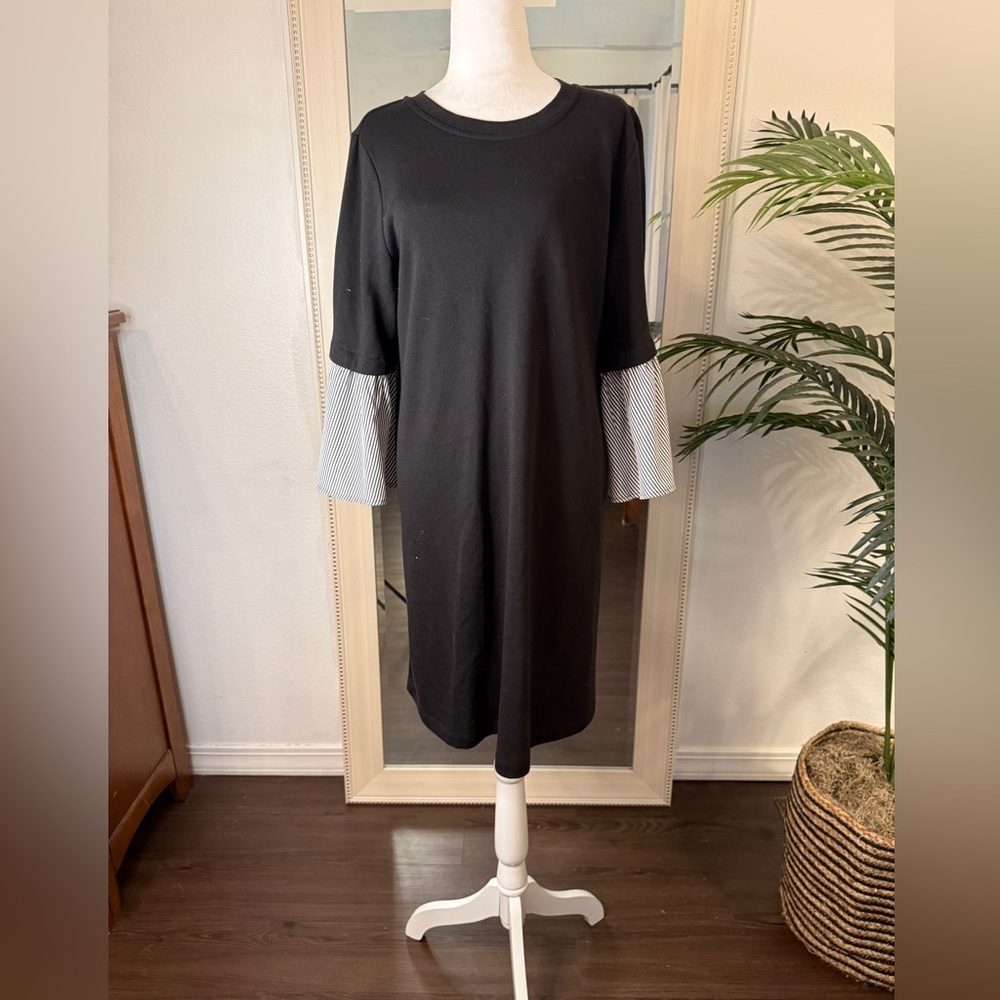 Luxology Black Dress with Black & White Striped Sleeves